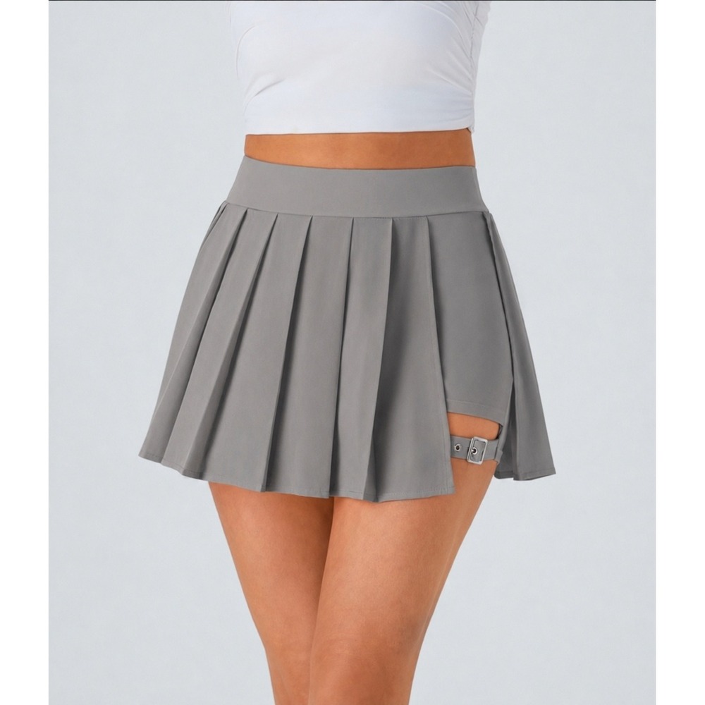 Halara Breezeful High Waisted Pleated 2-in-1 Skort Gray Adjustable Buckle L NWT